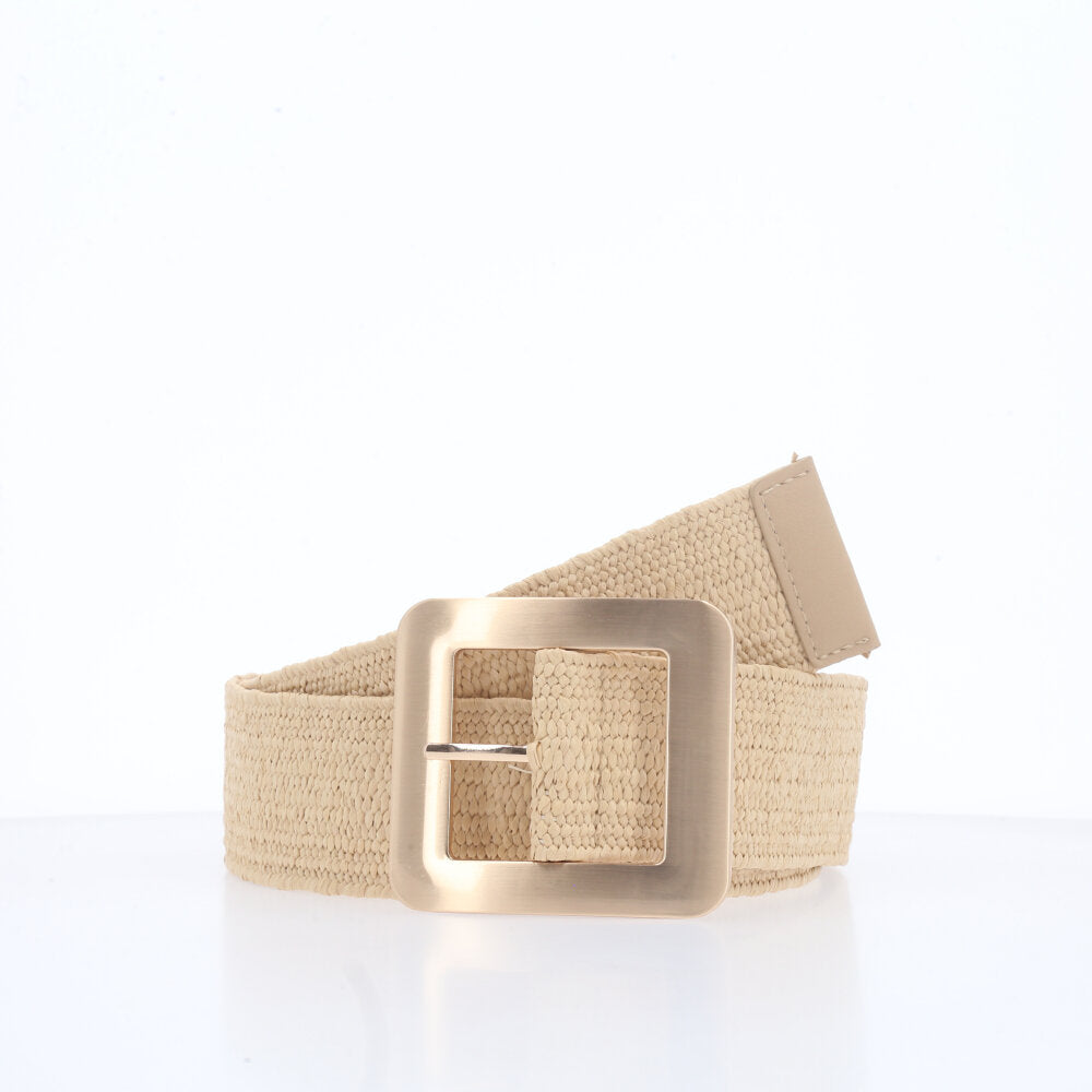 Cinto Feminino de Ráfia com Elástico e Fivela Metalizada Bege