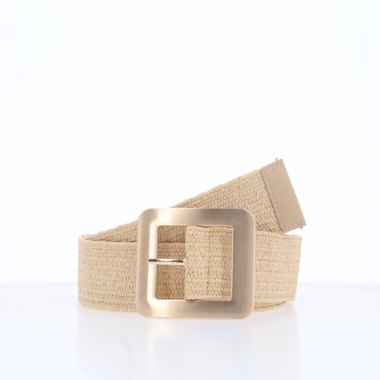Cinto Feminino de Ráfia com Elástico e Fivela Metalizada Bege