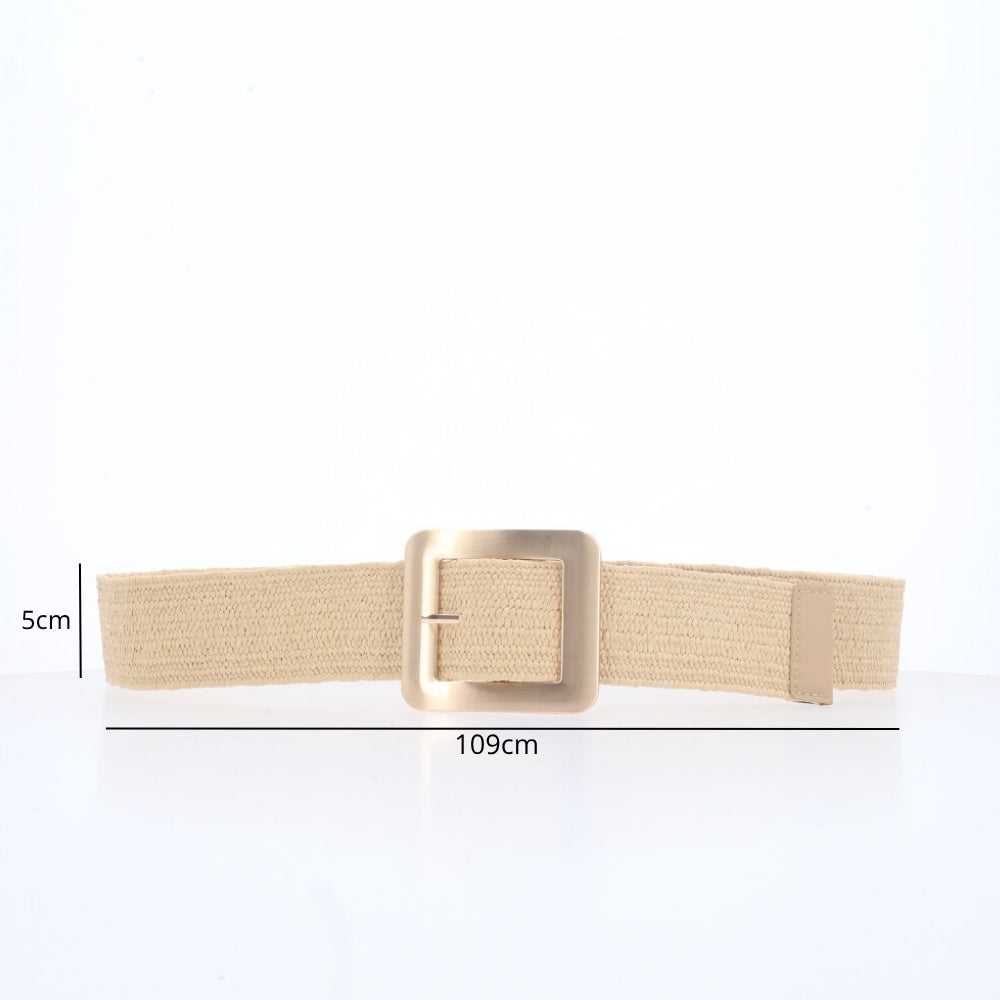 Cinto Feminino de Ráfia com Elástico e Fivela Metalizada Bege