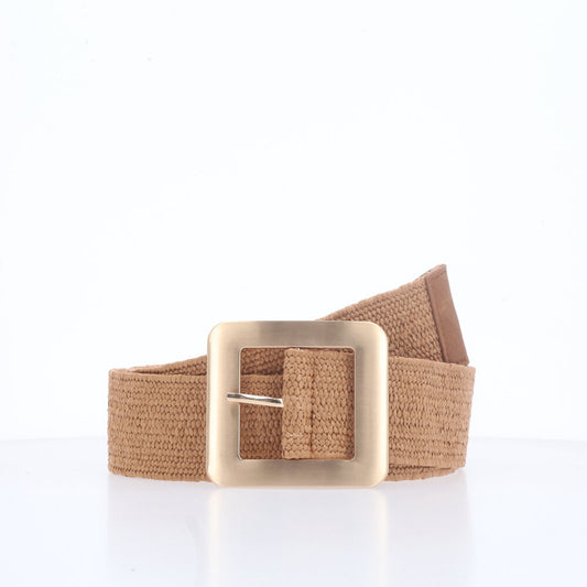 Cinto Feminino de Ráfia com Elástico e Fivela Metalizada Caramelo