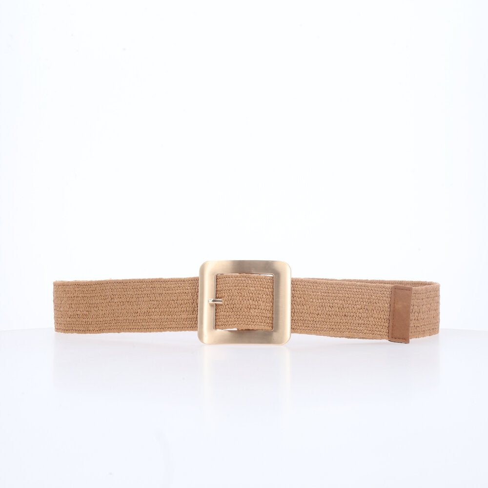 Cinto Feminino de Ráfia com Elástico e Fivela Metalizada Caramelo