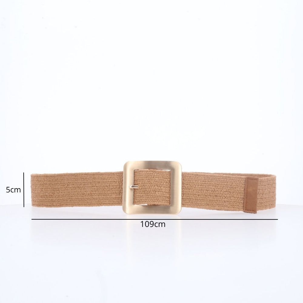 Cinto Feminino de Ráfia com Elástico e Fivela Metalizada Caramelo
