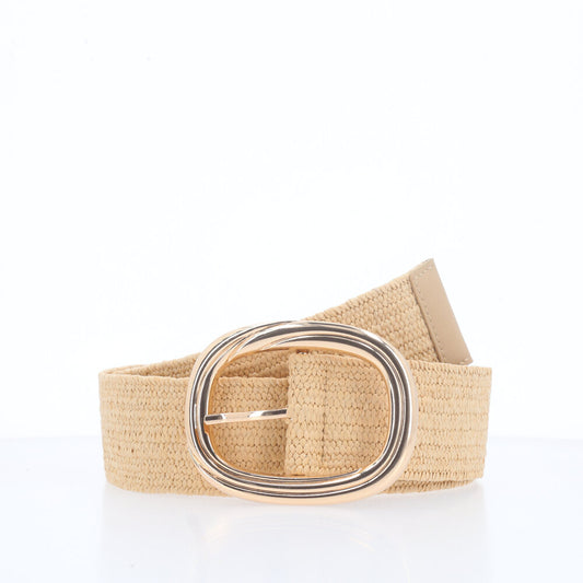 Cinto de Ráfia com Elástico e Fivela Oval Metalizada Bege