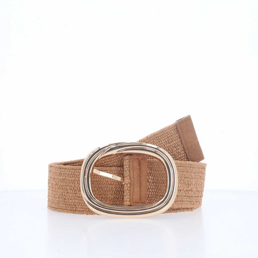 Cinto de Ráfia com Elástico e Fivela Oval Metalizada Caramelo