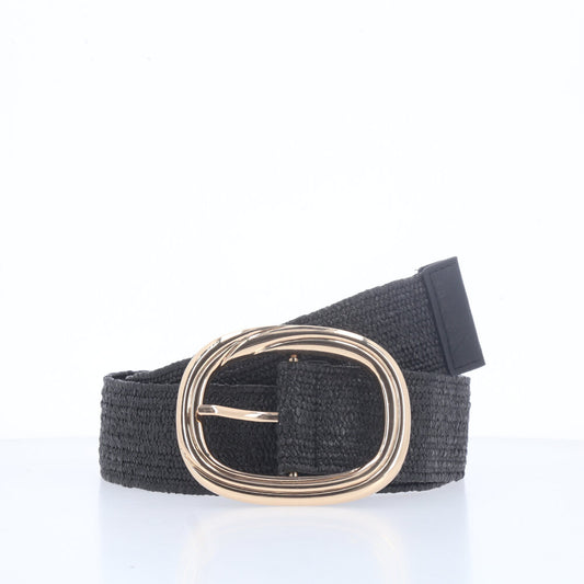 Cinto de Ráfia com Elástico e Fivela Oval Metalizada Preto