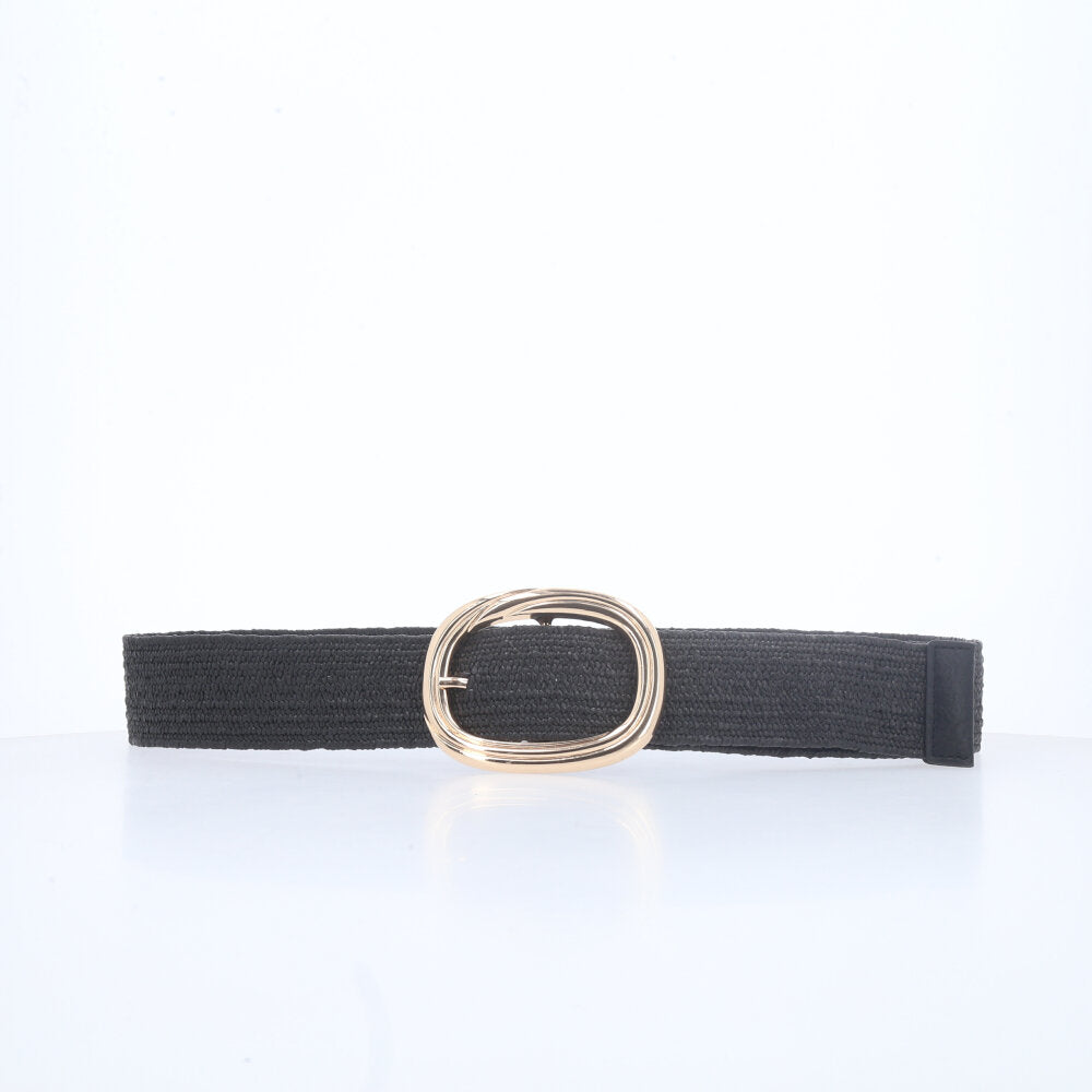 Cinto de Ráfia com Elástico e Fivela Oval Metalizada Preto