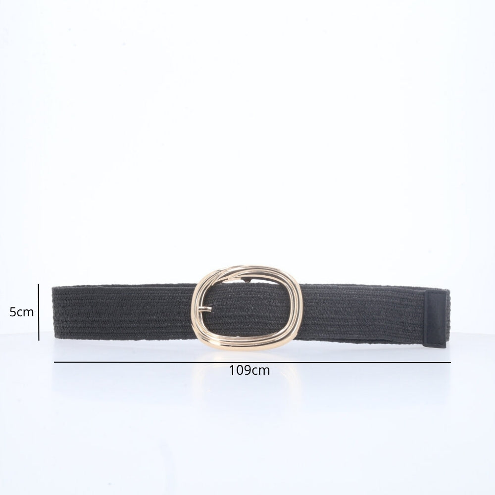 Cinto de Ráfia com Elástico e Fivela Oval Metalizada Preto