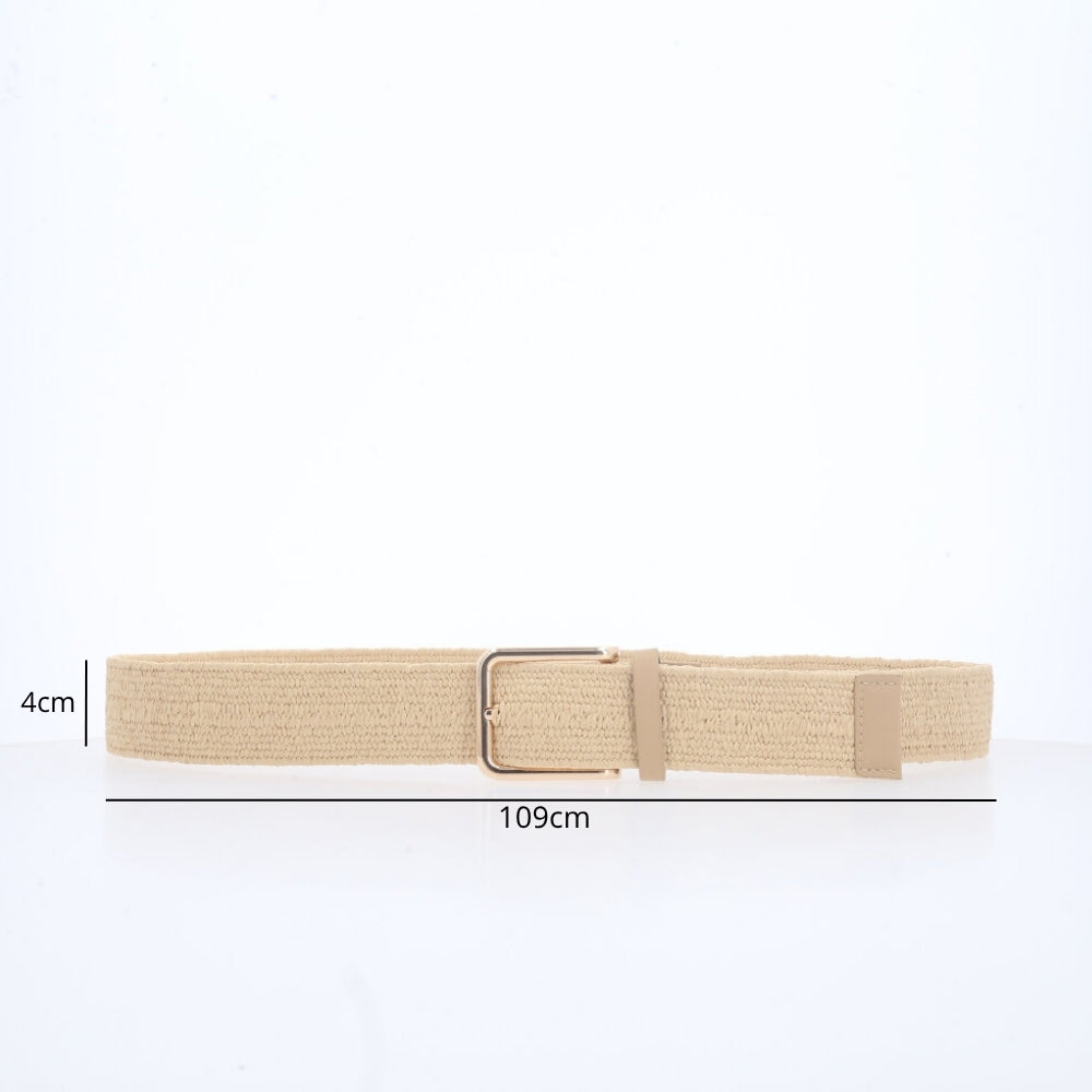 Cinto Feminino de Ráfia com Elástico e Fivela Metalizada Bege