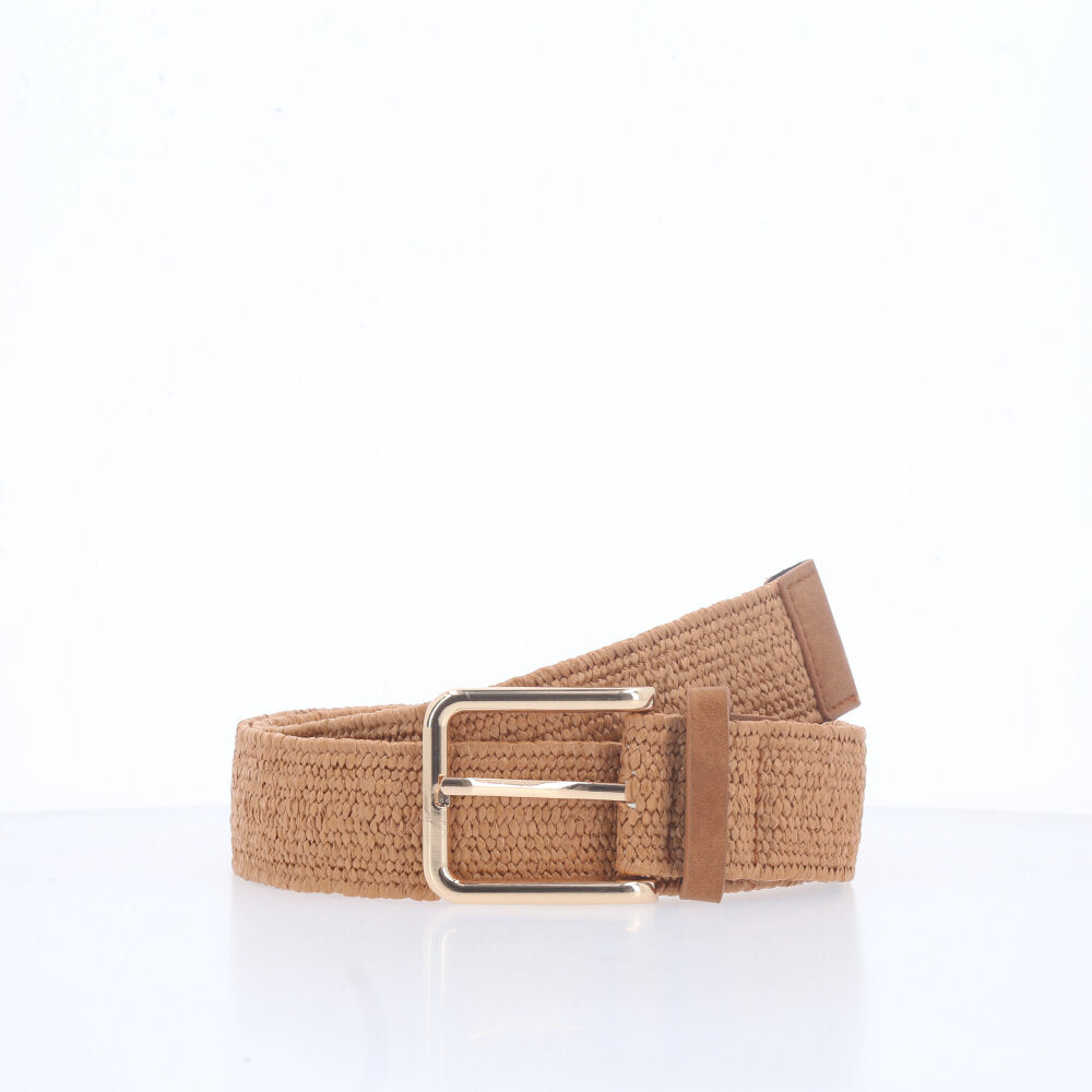 Cinto Feminino de Ráfia com Elástico e Fivela Metalizada Caramelo