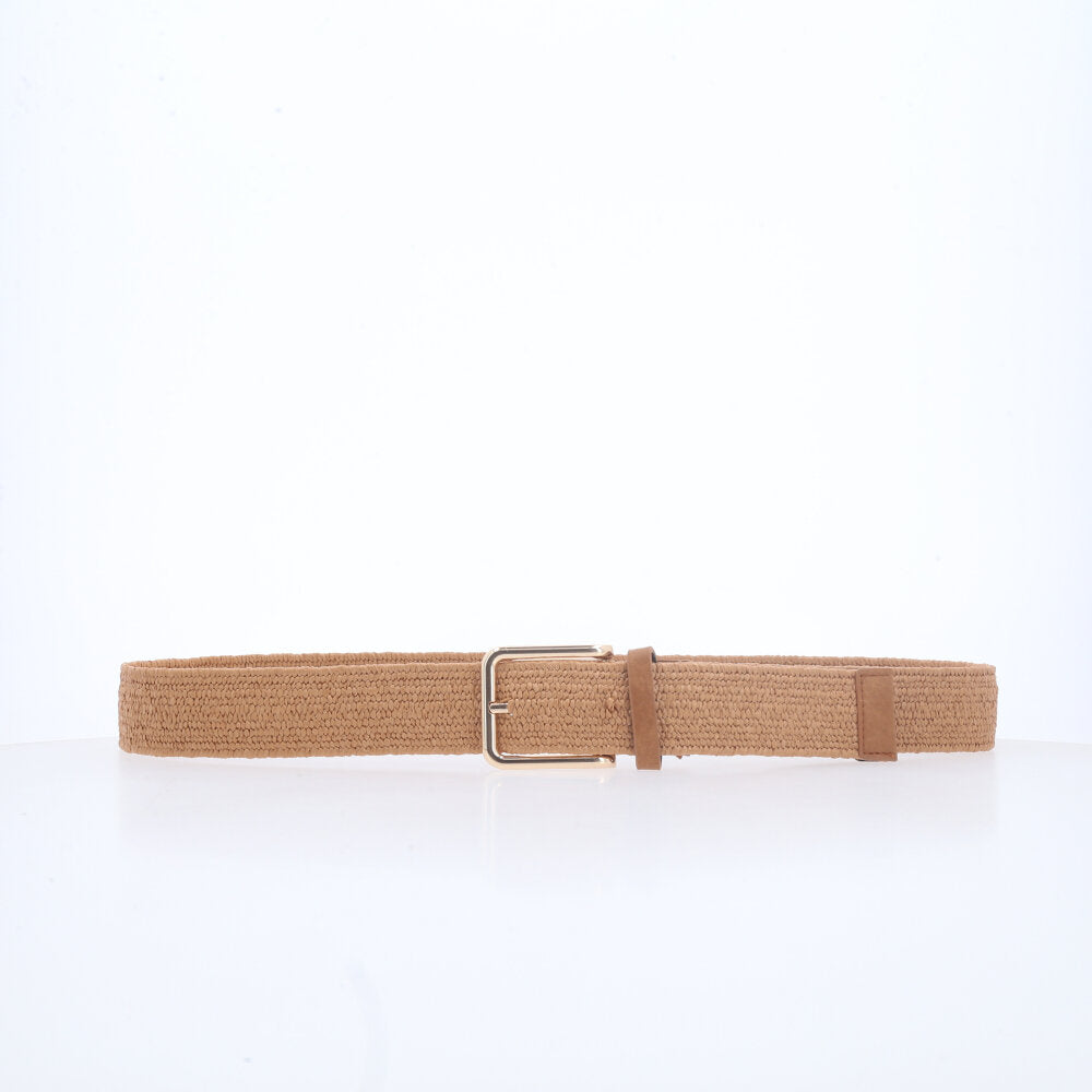 Cinto Feminino de Ráfia com Elástico e Fivela Metalizada Caramelo