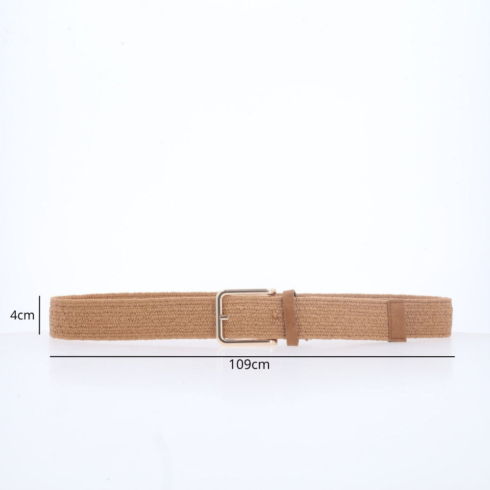 Cinto Feminino de Ráfia com Elástico e Fivela Metalizada Caramelo