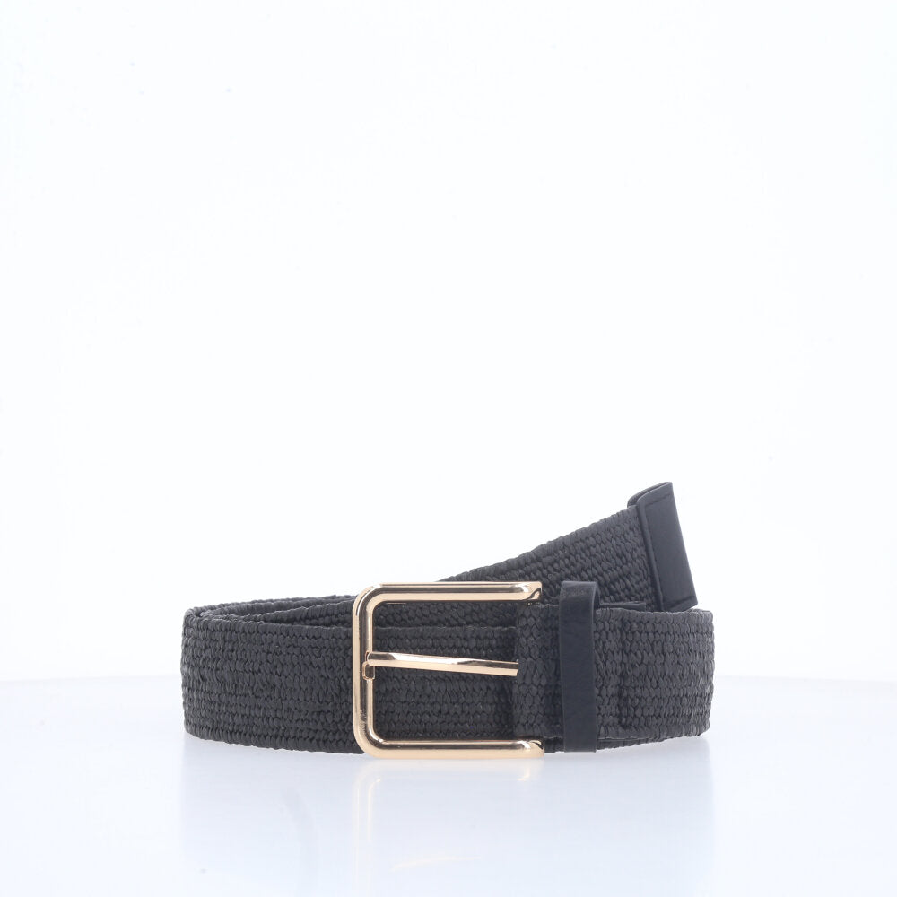 Cinto Feminino de Ráfia com Elástico e Fivela Metalizada Preto