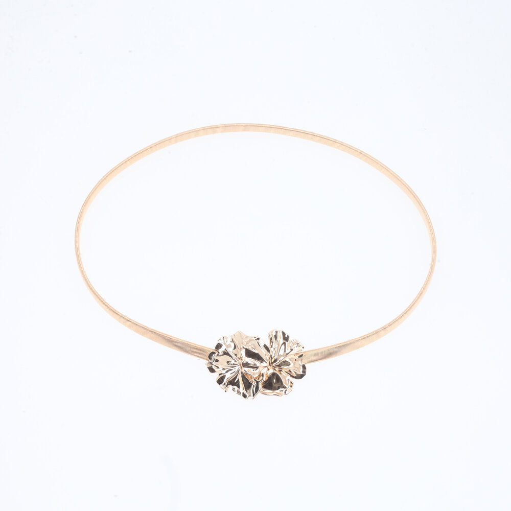 Cinto Metálico com Mola Elástica e Fivela de Flor Ouro