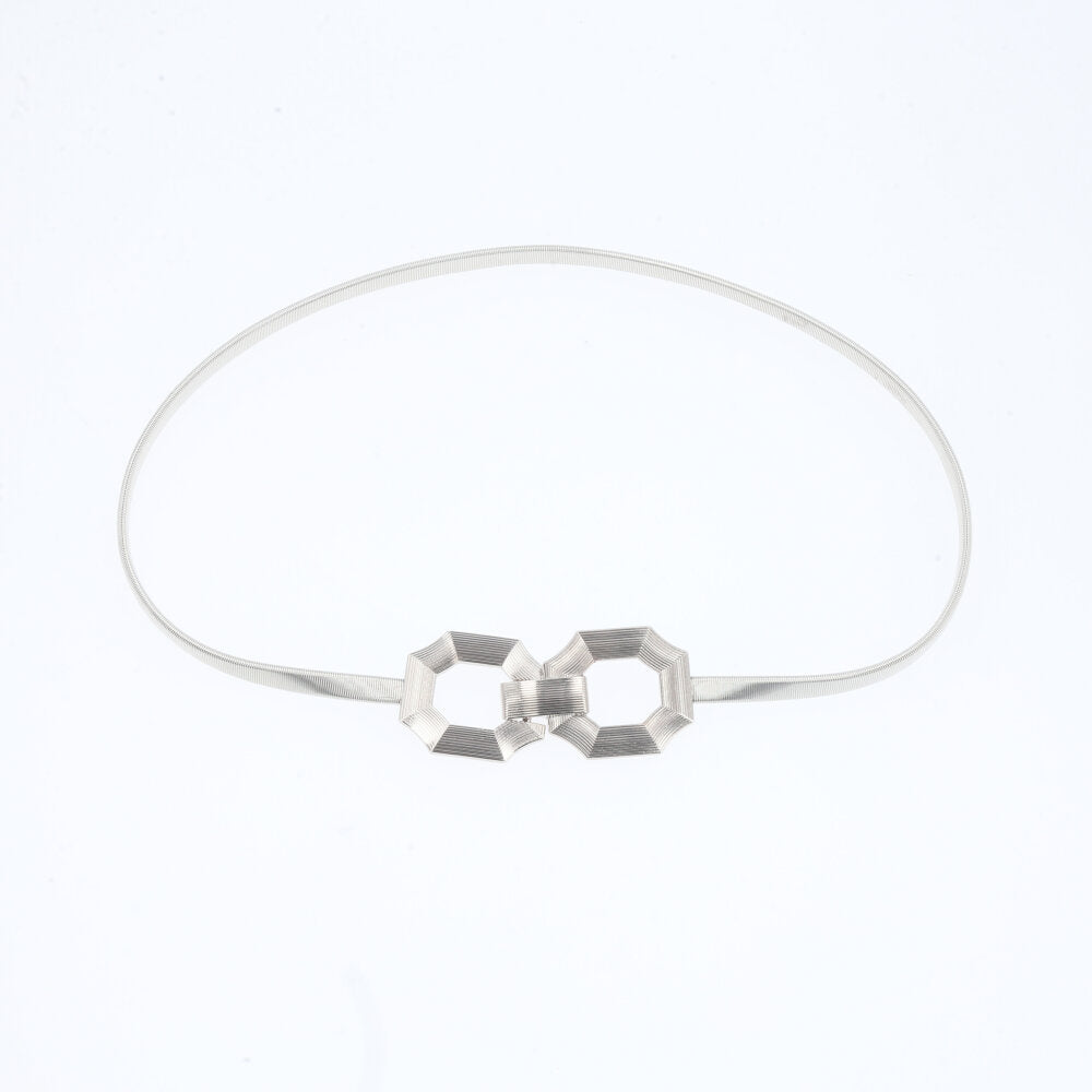 Cinto Metálico com Mola Elástica e Fivela Geométrica Prata