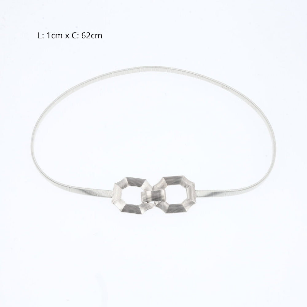 Cinto Metálico com Mola Elástica e Fivela Geométrica Prata