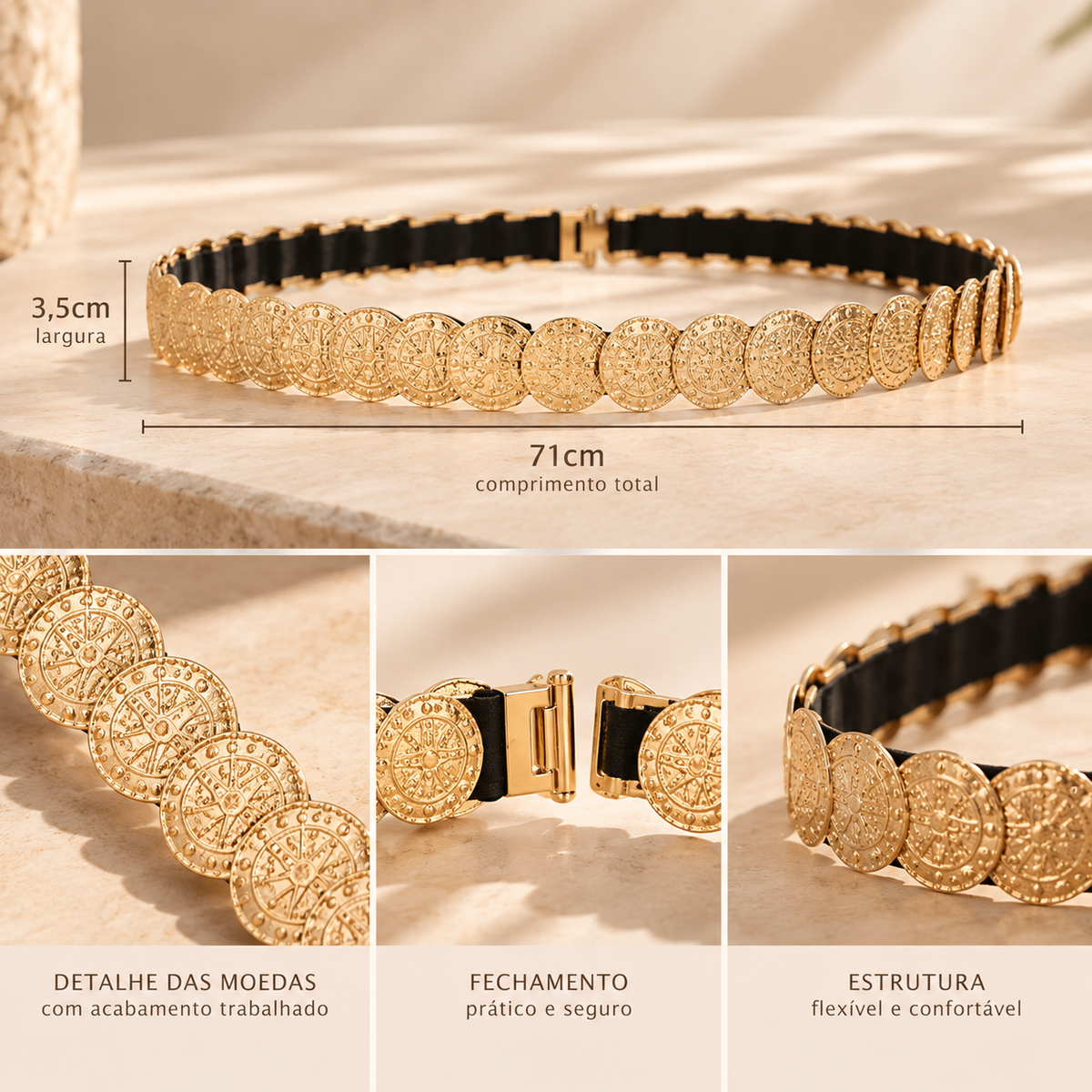 Cinto Feminino Moeda de Metal Ouro
