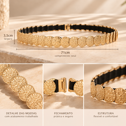 Cinto Feminino Moeda de Metal Ouro
