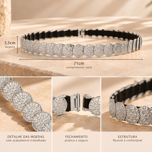Cinto Feminino Moeda de Metal Prata