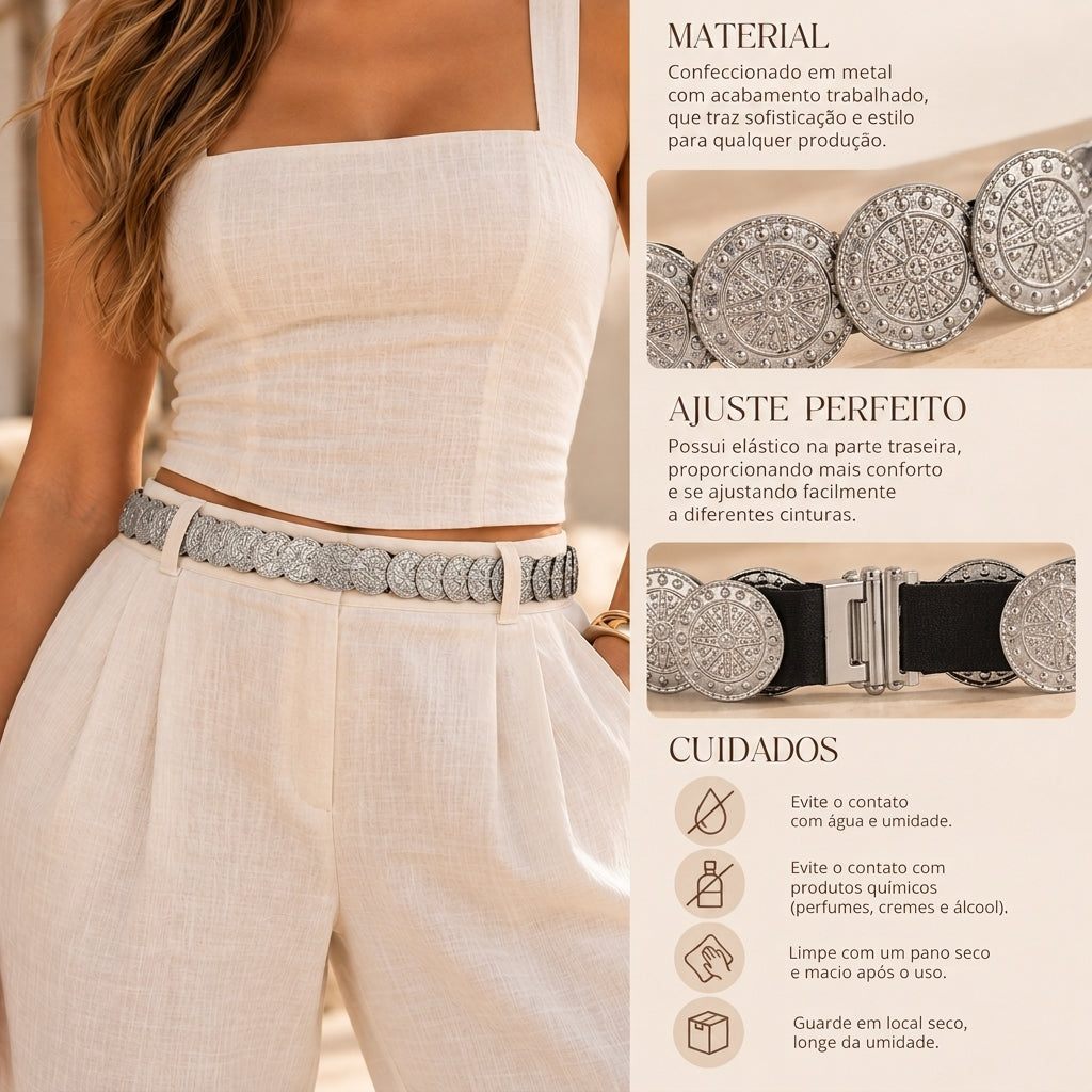 Cinto Feminino Moeda de Metal Prata