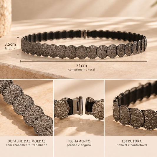 Cinto Feminino Moeda de Metal Preto