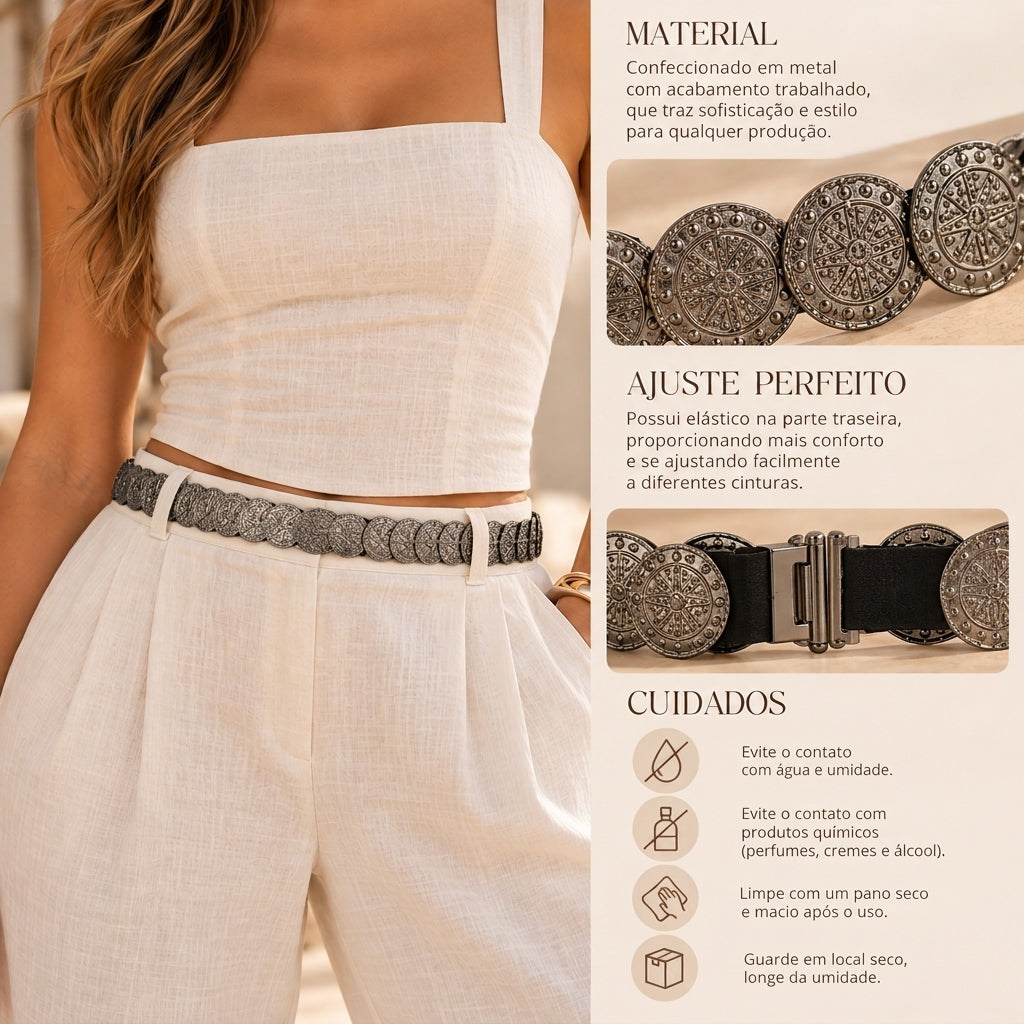 Cinto Feminino Moeda de Metal Preto