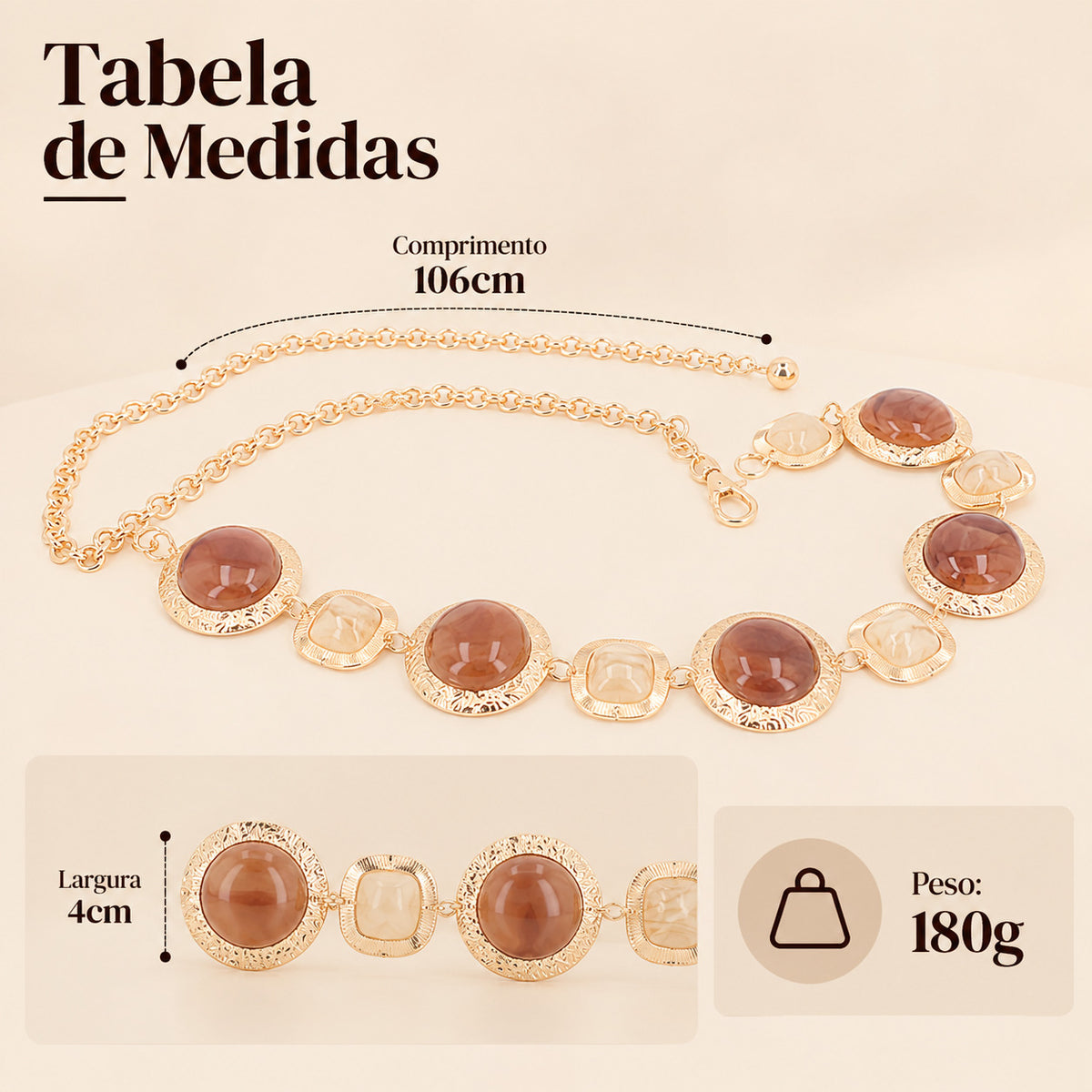 Cinto de Corrente Metalizada com Madrepérola Caramelo