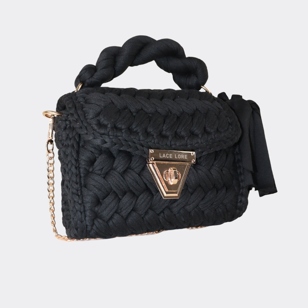 Bolsa de Mão em Crochê com Design Trançado Preto