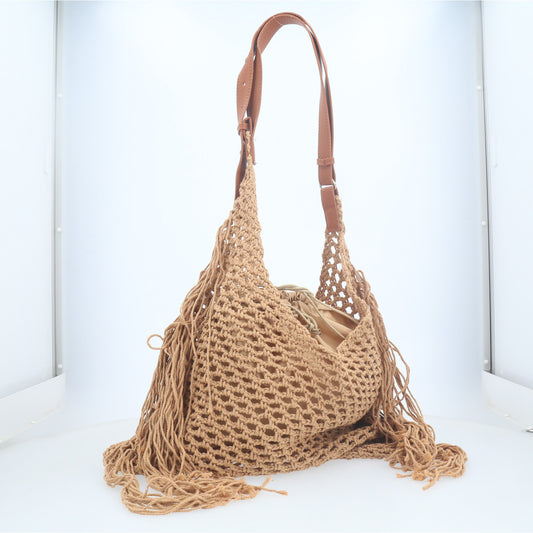 Bolsa Grande em Crochê com Detalhe em Franjas  Caramelo