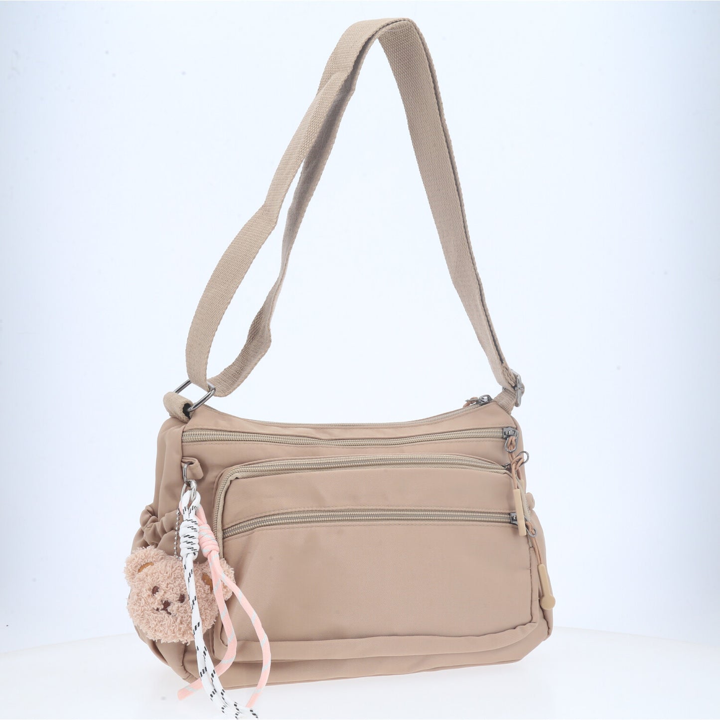 Bolsa Feminina Nylon Transversal com Bolsos e Zíper Caqui