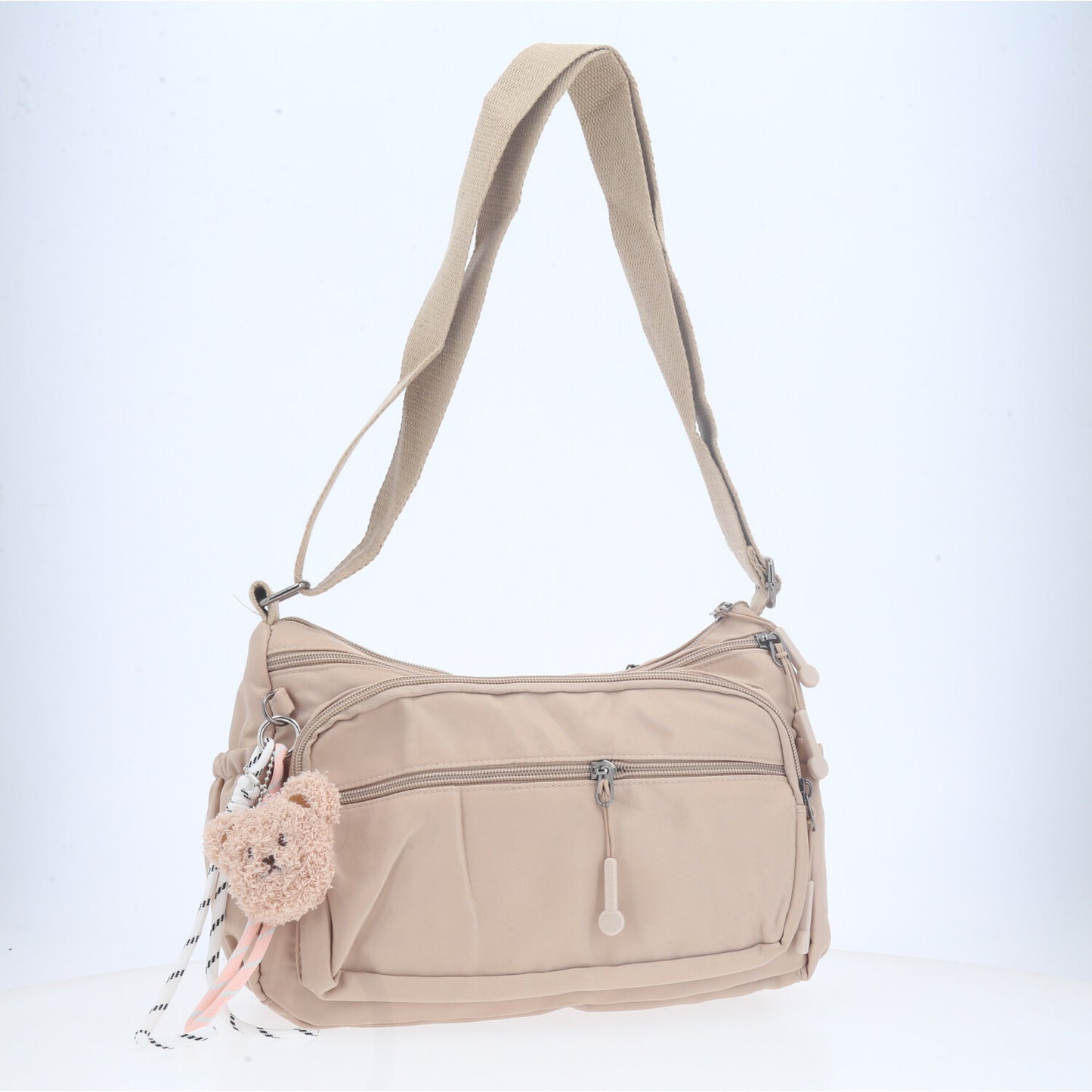 Bolsa Feminina Nylon Transversal com Bolsos e Zíper Marfim