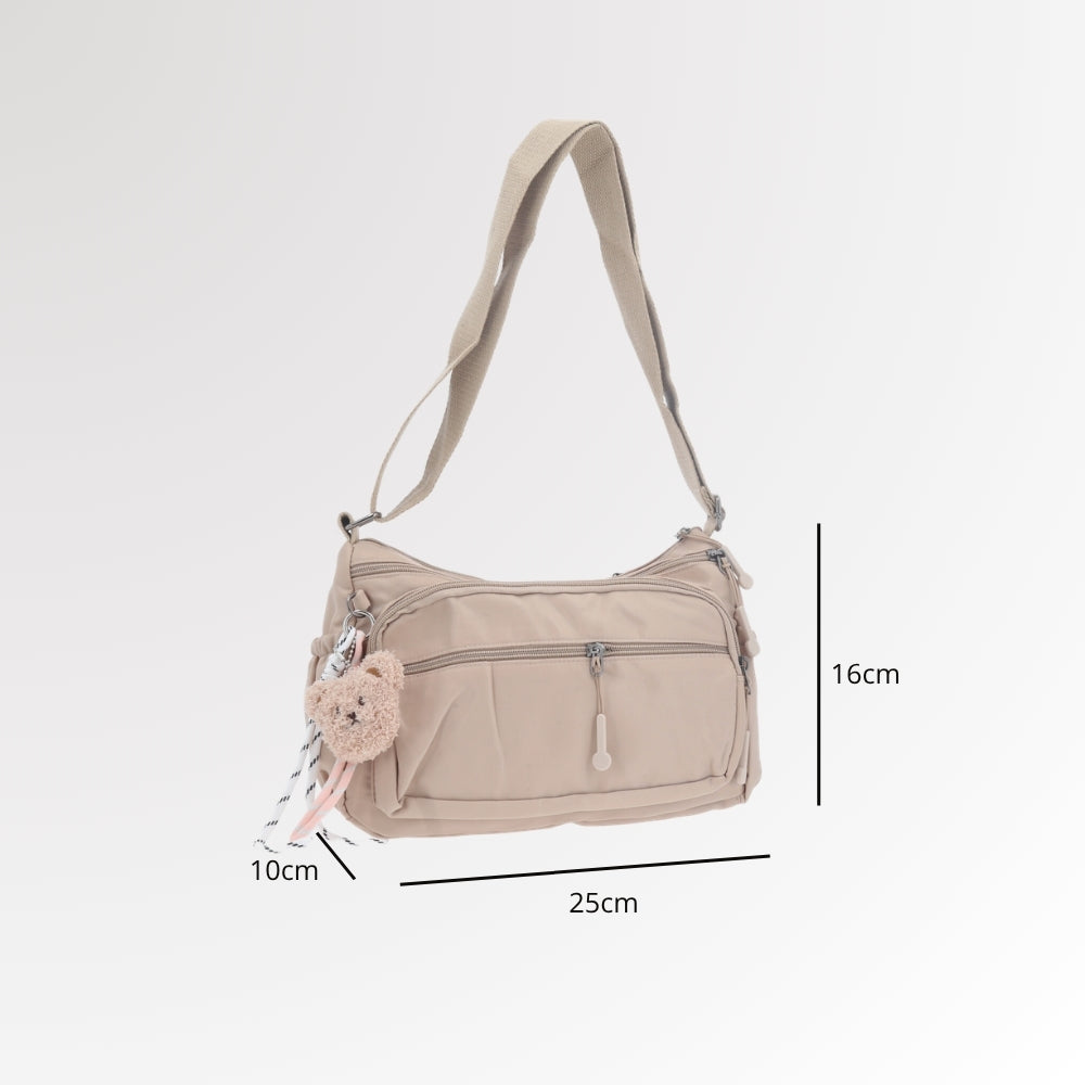 Bolsa Feminina Nylon Transversal com Bolsos e Zíper Marfim