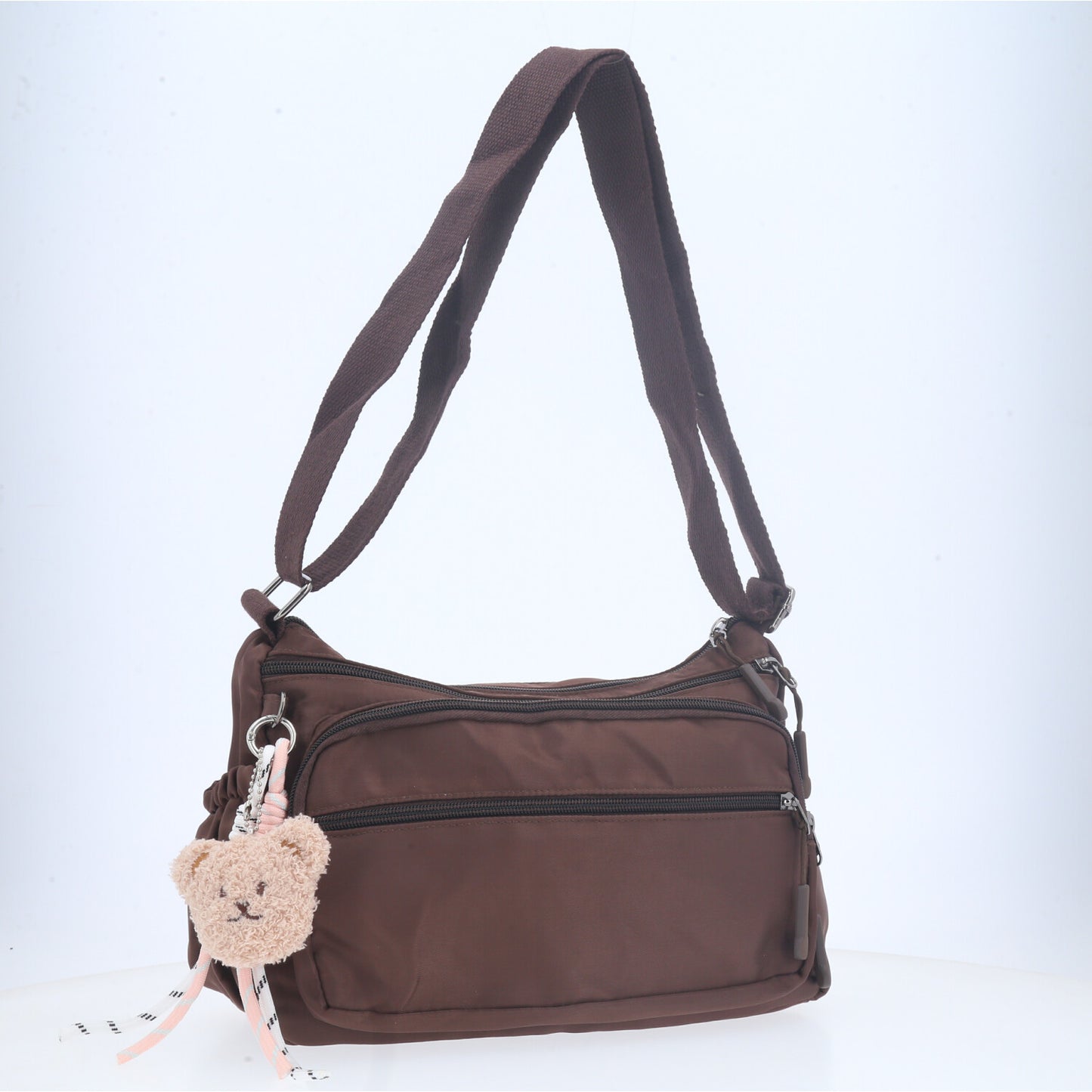 Bolsa Feminina Nylon Transversal com Bolsos e Zíper Marrom