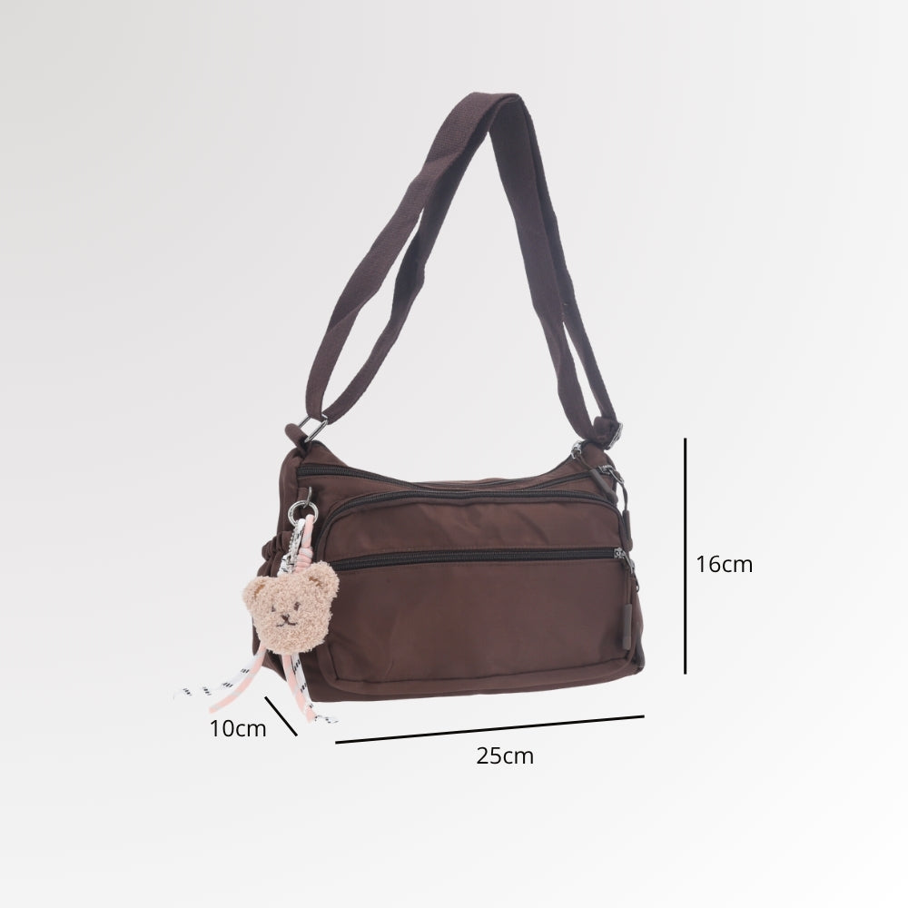 Bolsa Feminina Nylon Transversal com Bolsos e Zíper Marrom