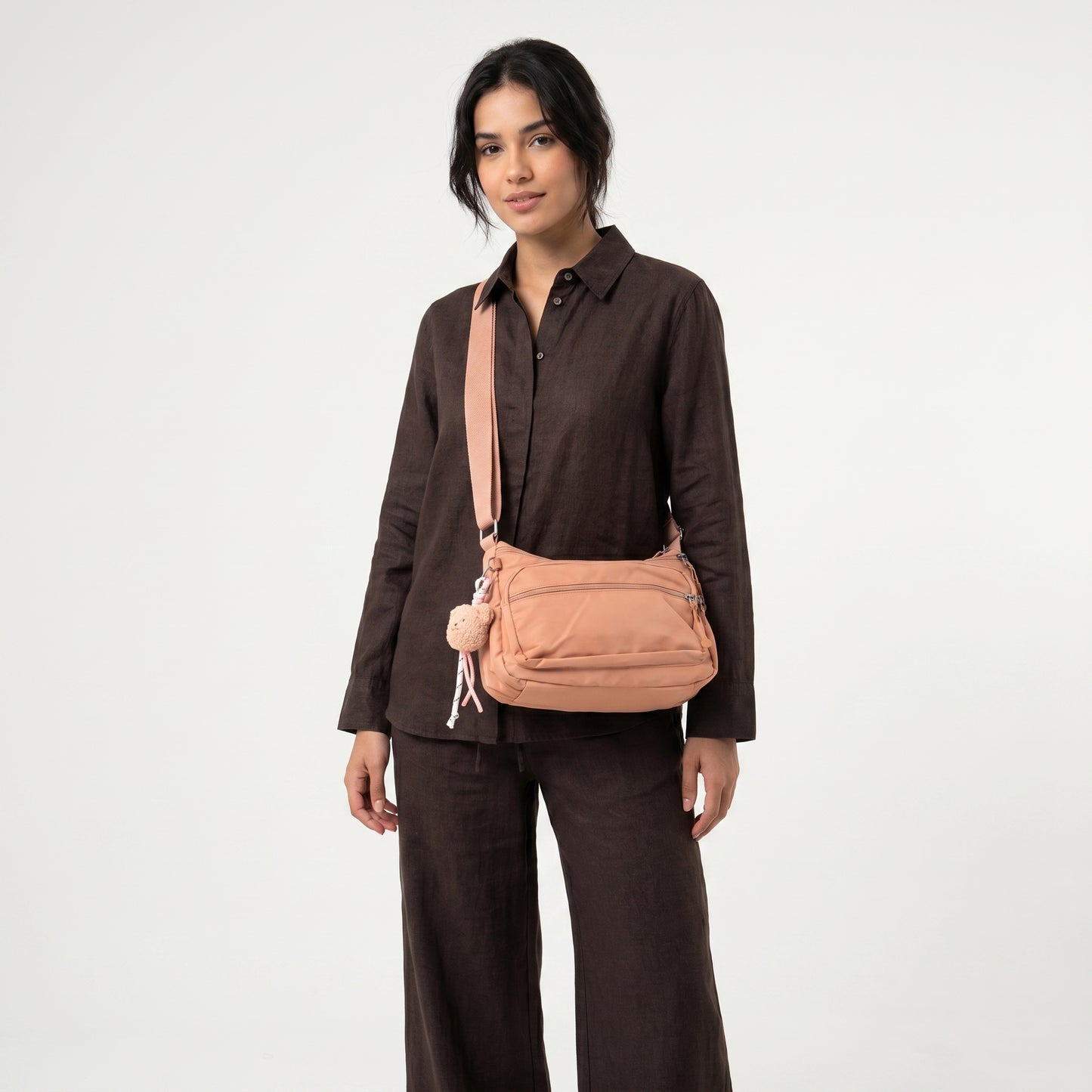 Bolsa Feminina Nylon Transversal com Bolsos e Zíper Rose