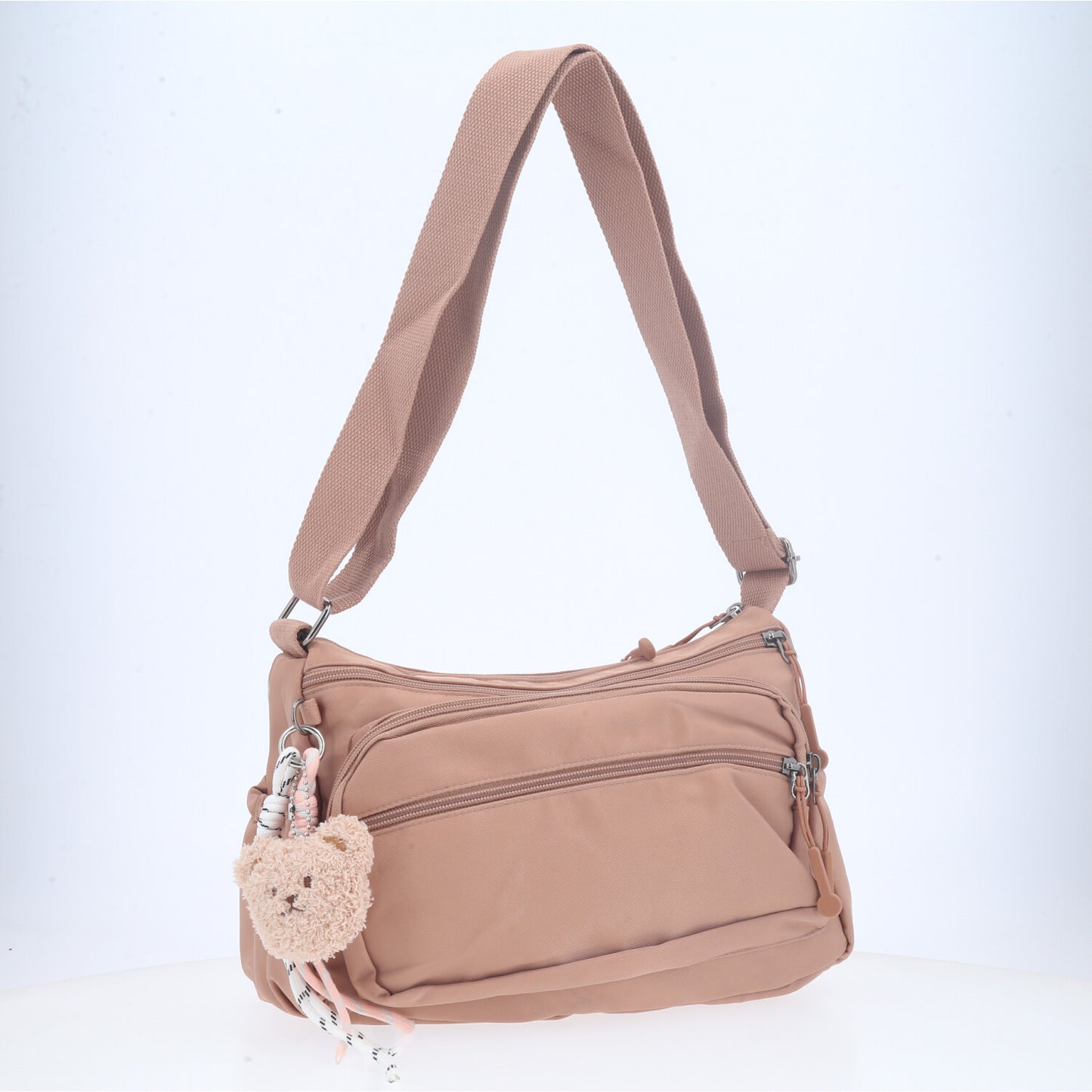 Bolsa Feminina Nylon Transversal com Bolsos e Zíper Rose