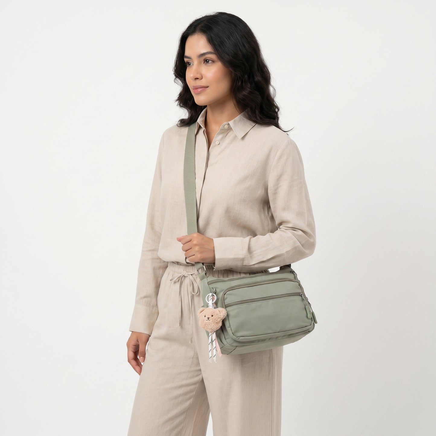 Bolsa Feminina Nylon Transversal com Bolsos e Zíper Verde claro