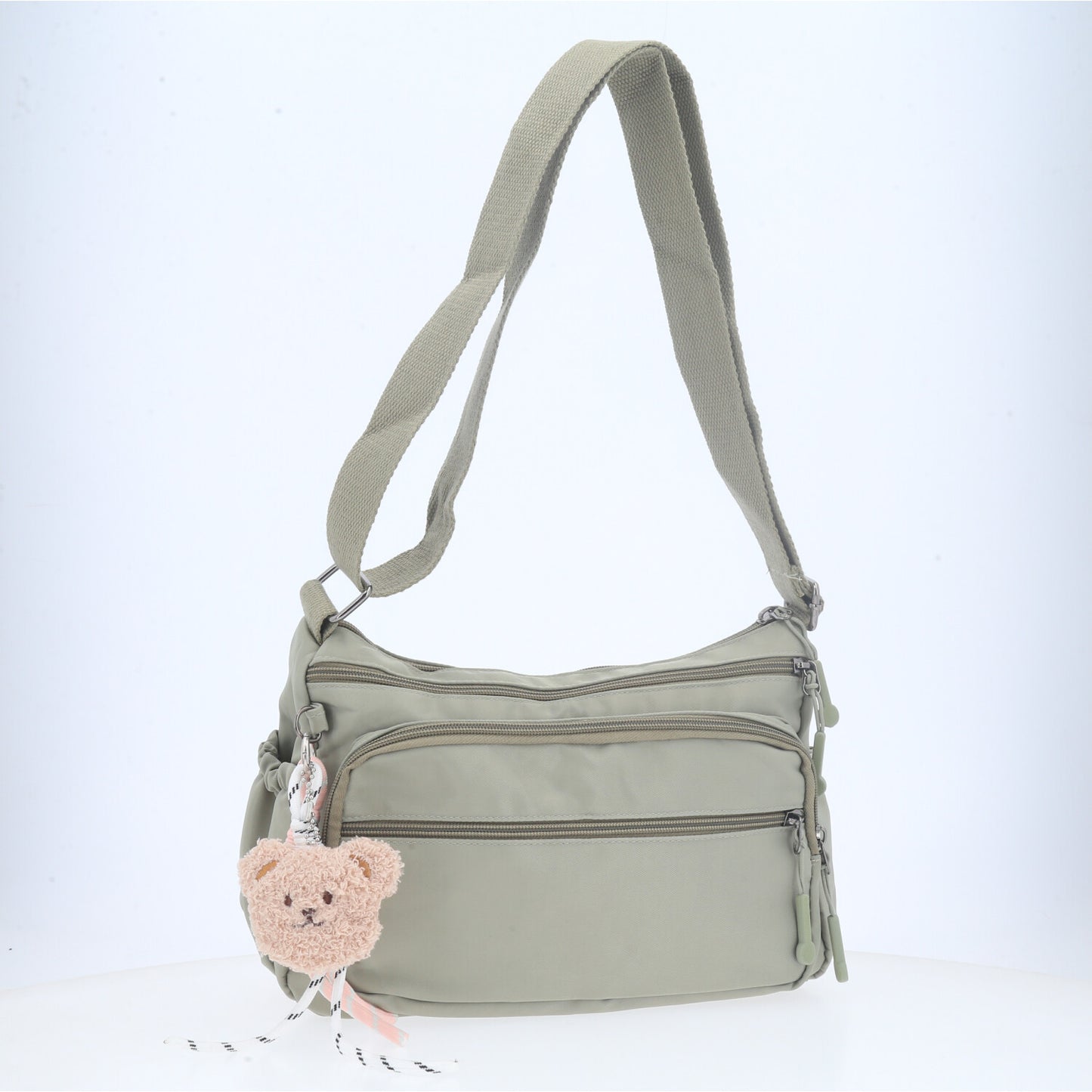 Bolsa Feminina Nylon Transversal com Bolsos e Zíper Verde claro