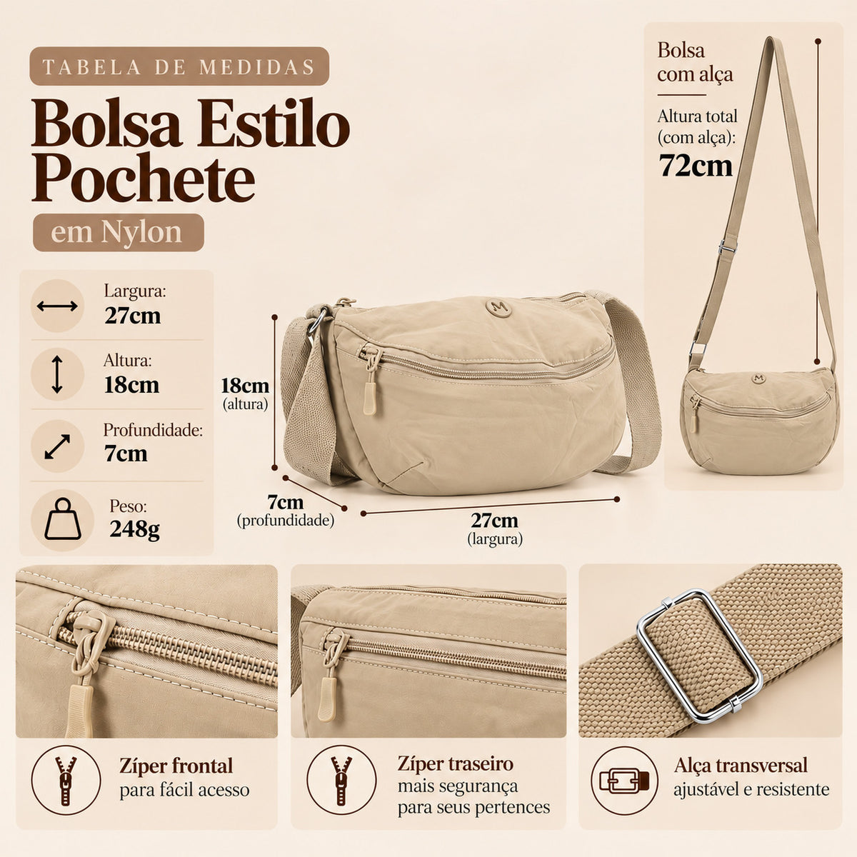 Bolsa Transversal Estilo Pochete em Nylon Bege