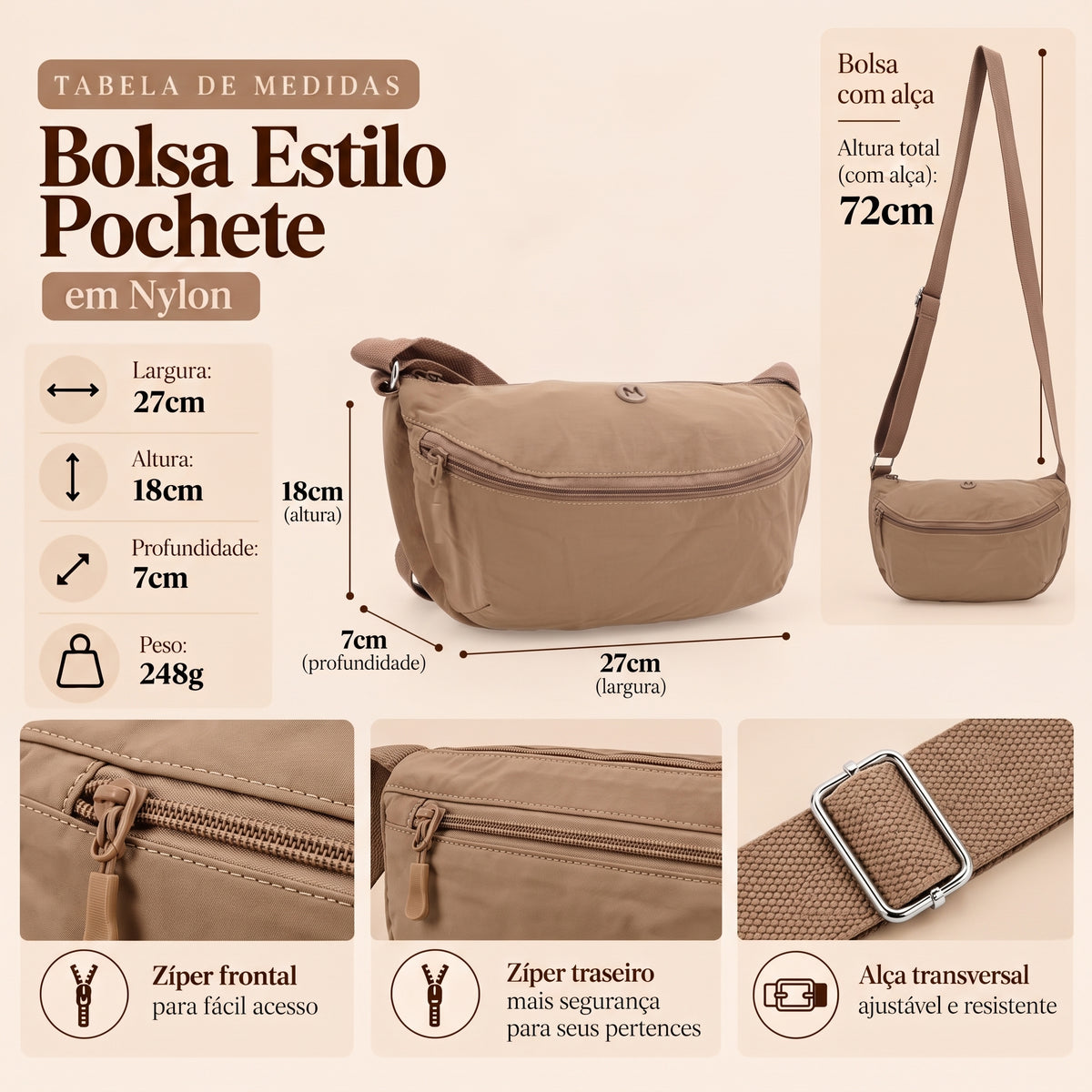Bolsa Transversal Estilo Pochete em Nylon Bege escuro