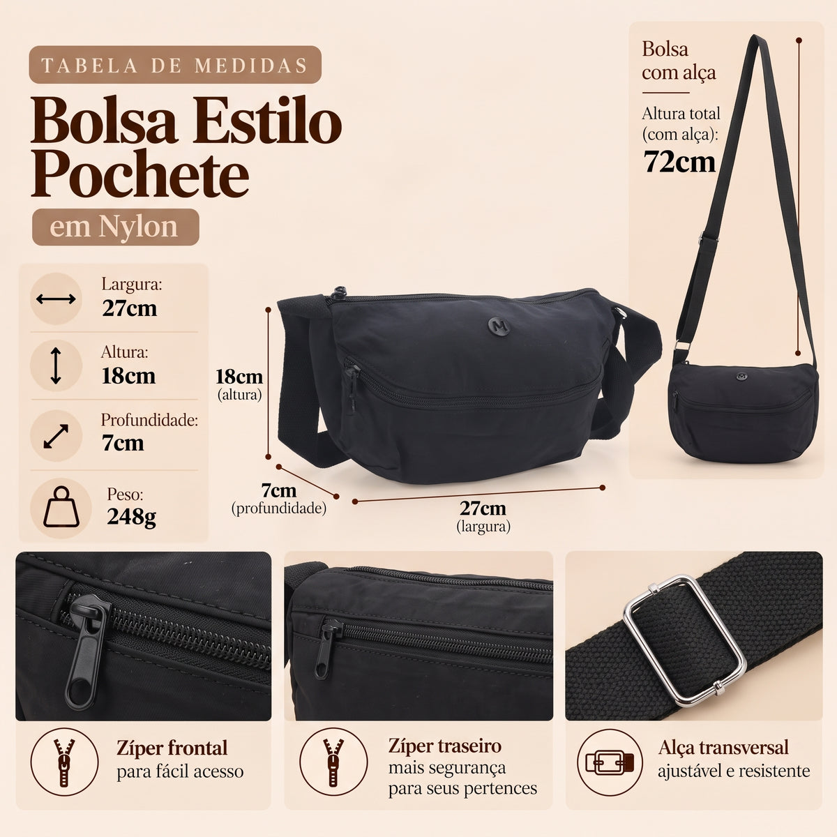 Bolsa Transversal Estilo Pochete em Nylon Preto