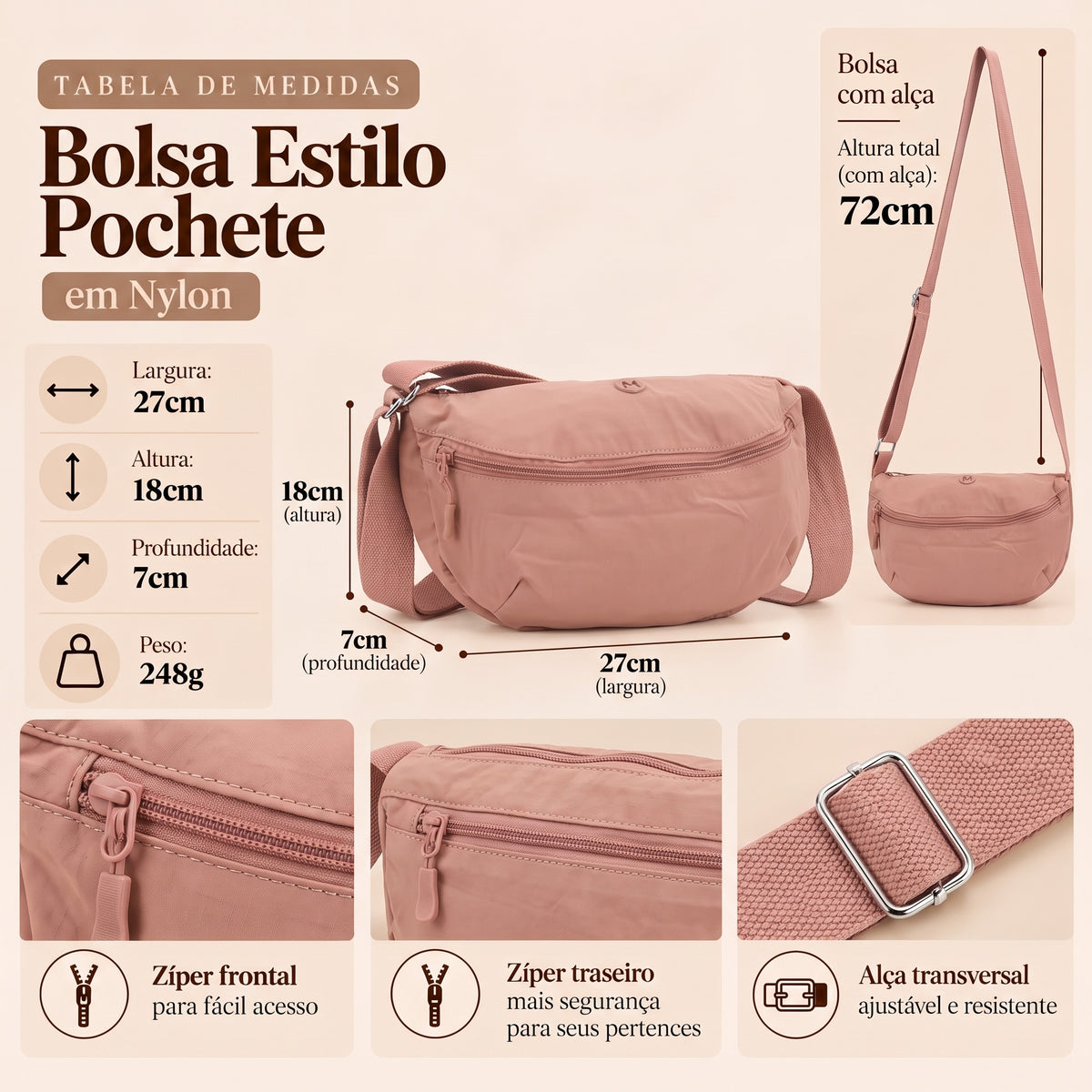 Bolsa Transversal Estilo Pochete em Nylon Rose