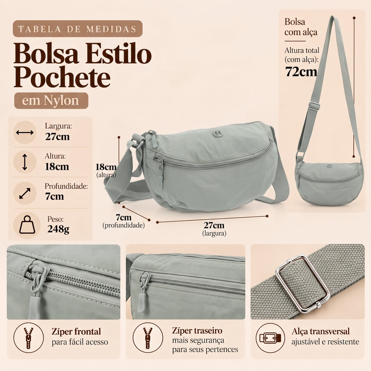 Bolsa Transversal Estilo Pochete em Nylon Verde claro