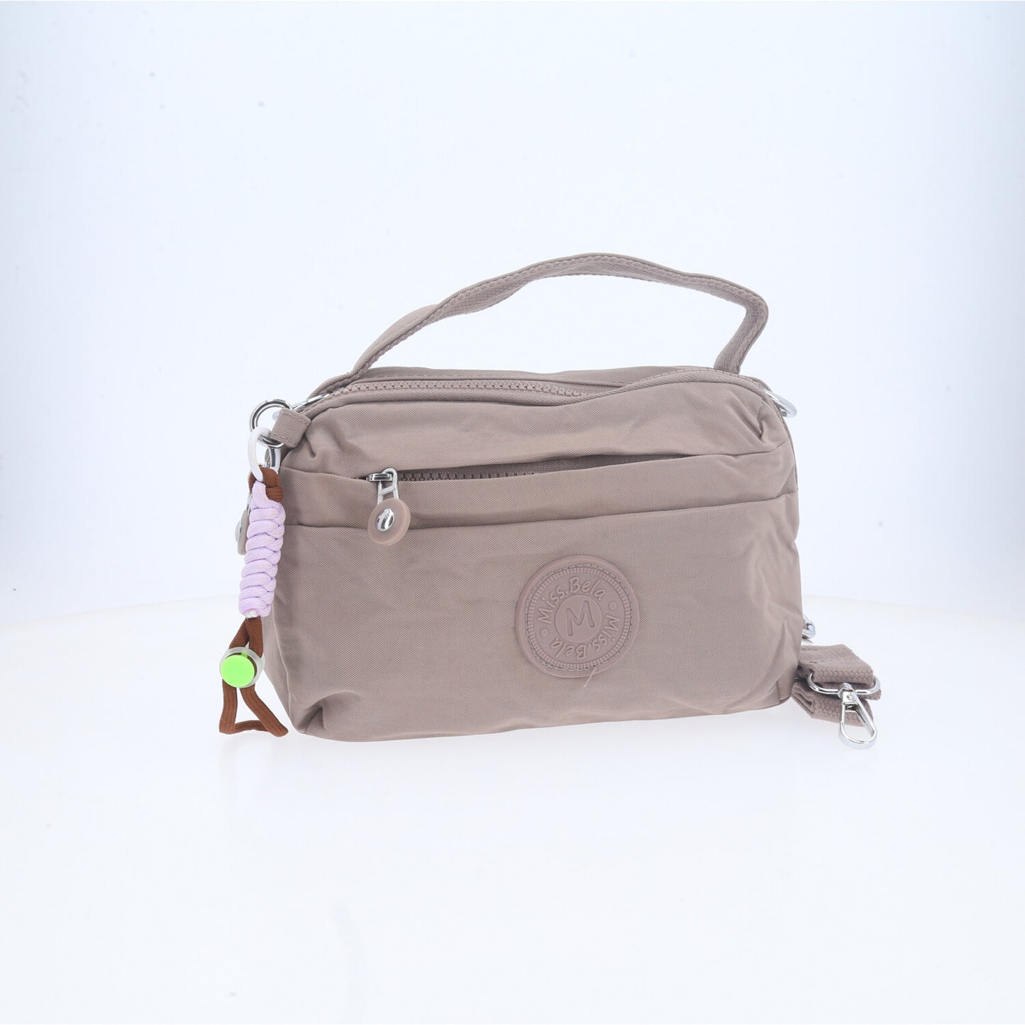 Bolsa Transversal Feminina em Nylon com Múltiplos Bolsos Bege