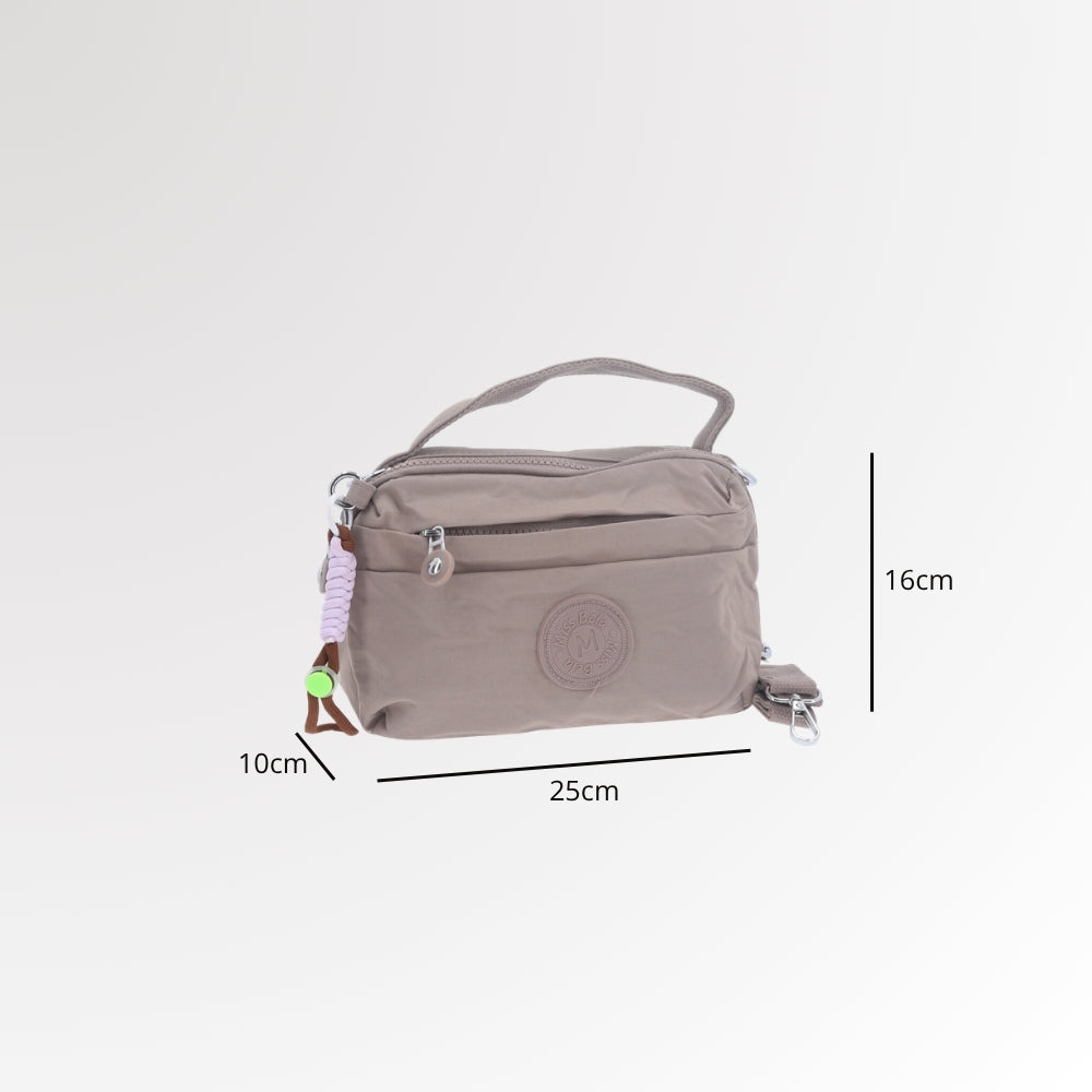 Bolsa Transversal Feminina em Nylon com Múltiplos Bolsos Bege