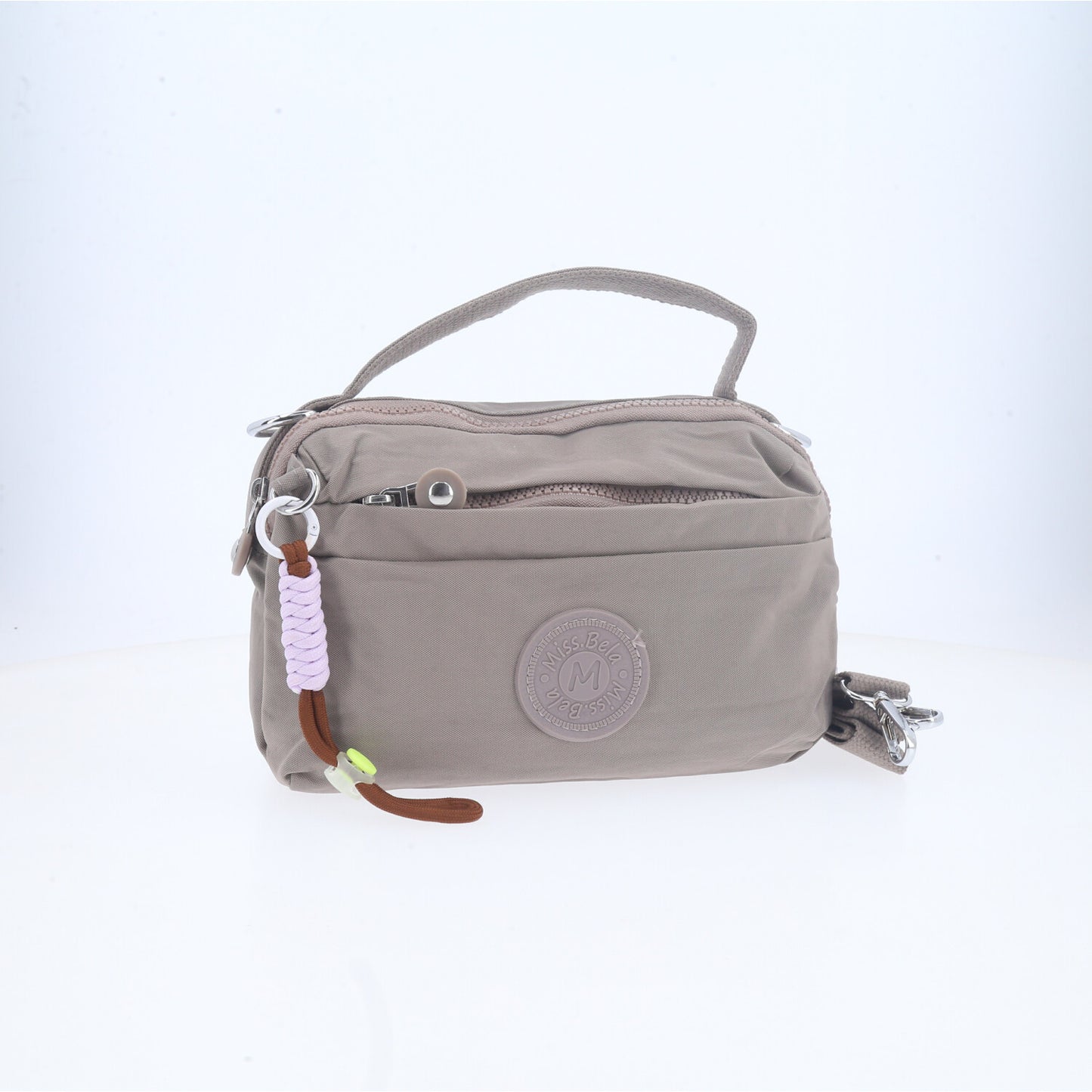 Bolsa Transversal Feminina em Nylon com Múltiplos Bolsos Bege escuro