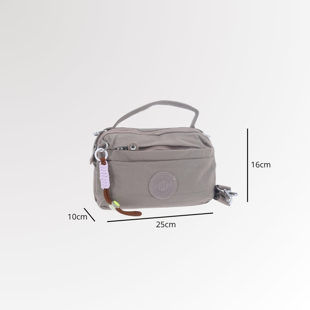 Bolsa Transversal Feminina em Nylon com Múltiplos Bolsos Bege escuro