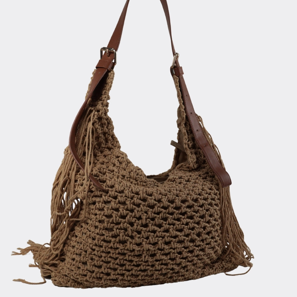 Bolsa de Praia em Tecido com Acabamento em Franjas Caramelo