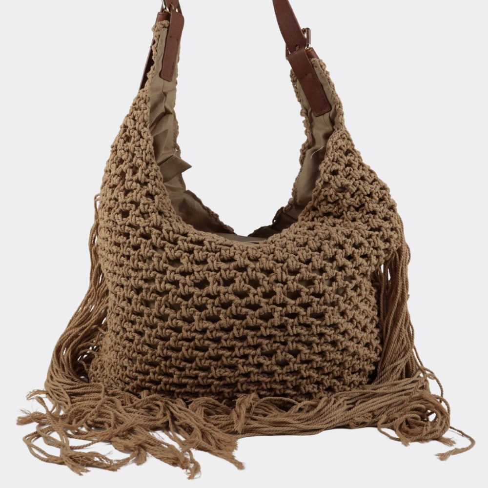 Bolsa de Praia em Tecido com Acabamento em Franjas Caramelo
