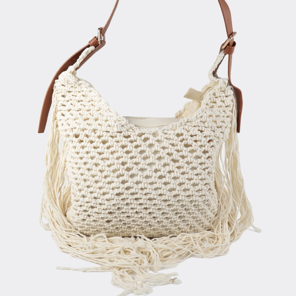 Bolsa de Praia em Tecido com Acabamento em Franjas Marfim