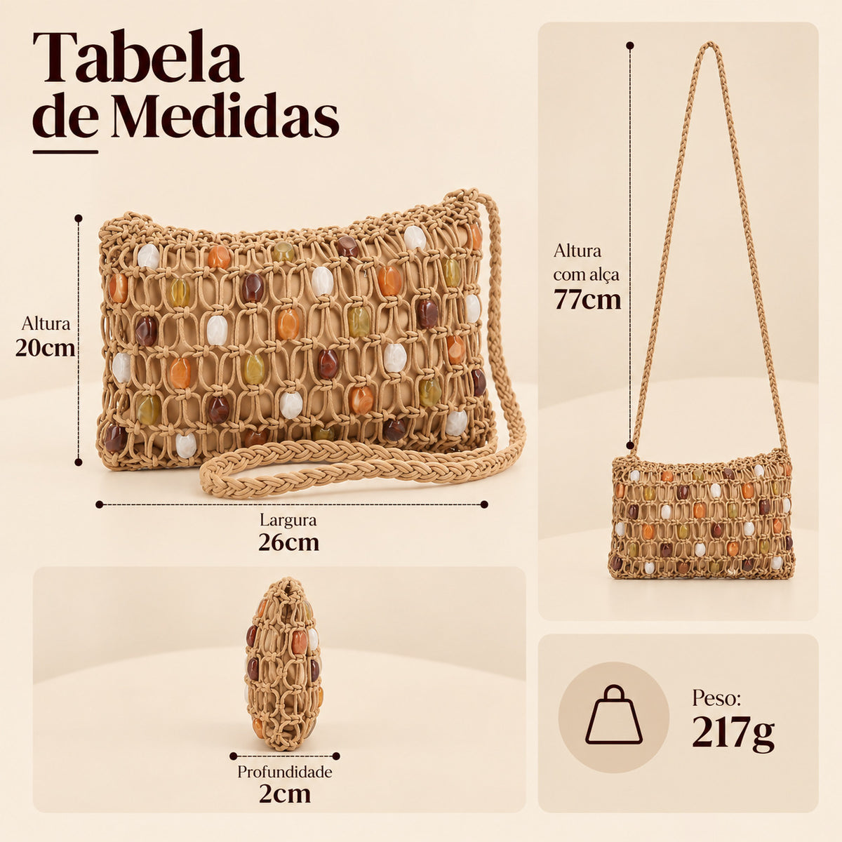 Bolsa em Crochê com Aplique de Madrepérolas Bege